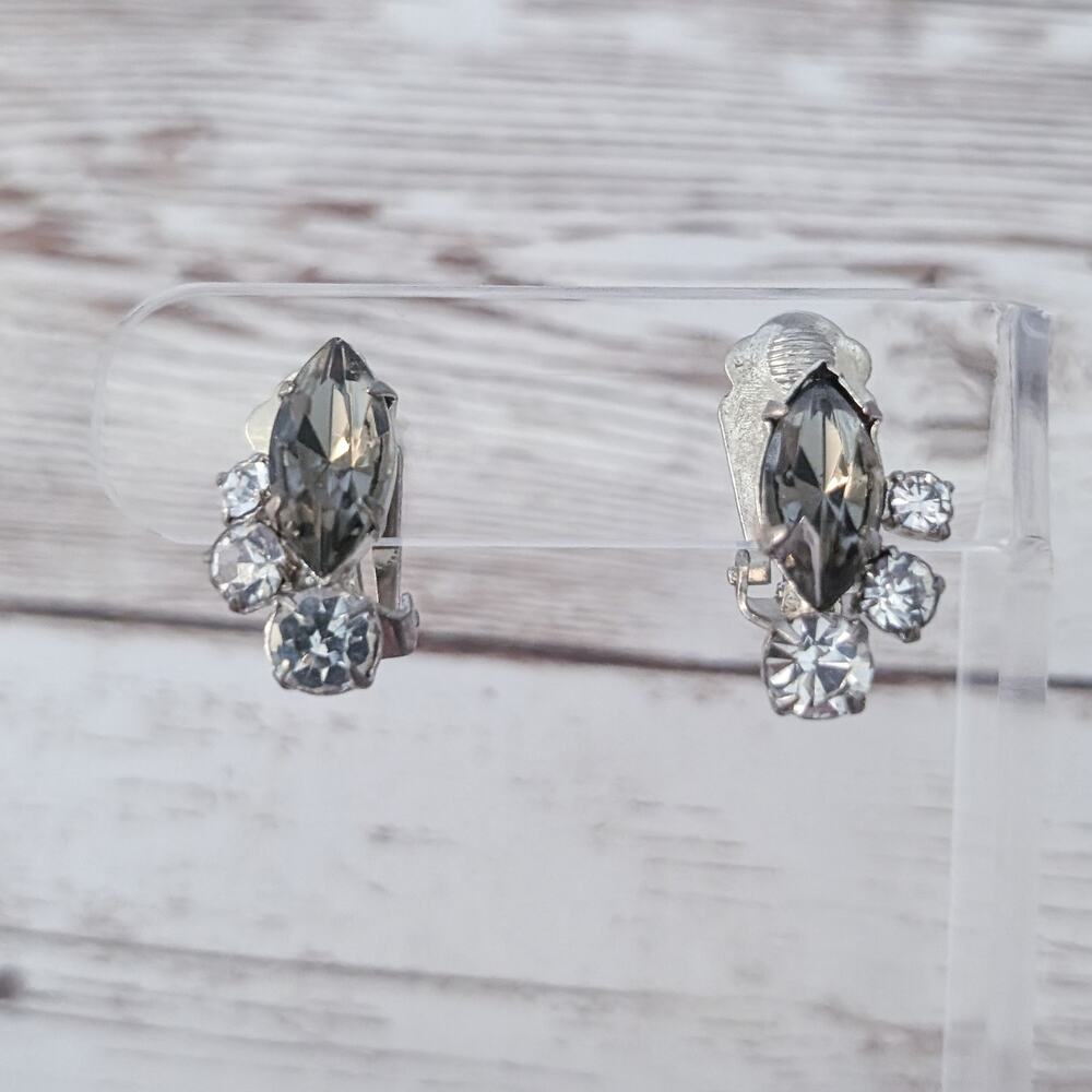 Vintage Clip On Earrings - Just Over 0.75" - Smokey & Clear Gems